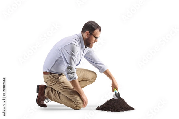 Fototapeta Man digging a pile of earth with a spade