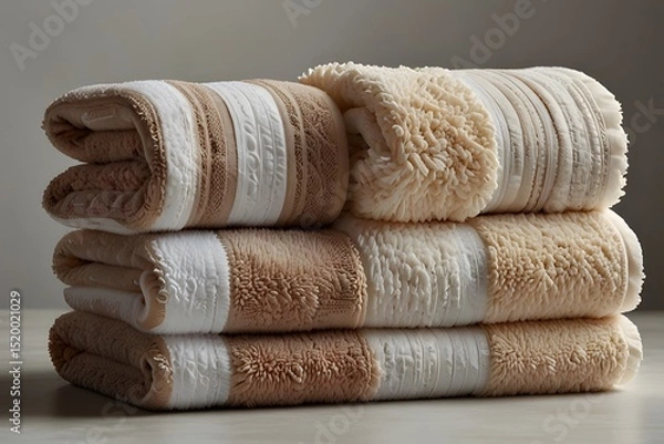 Obraz Stacked Beige and White Bath Towels for Luxurious Hotel Spa
