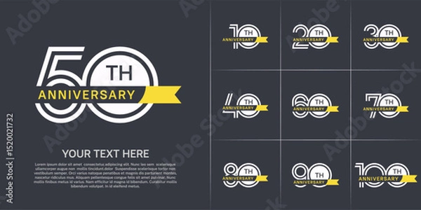 Fototapeta Anniversary logo type set with double line number. white color with small yellow ribbon for celebration event