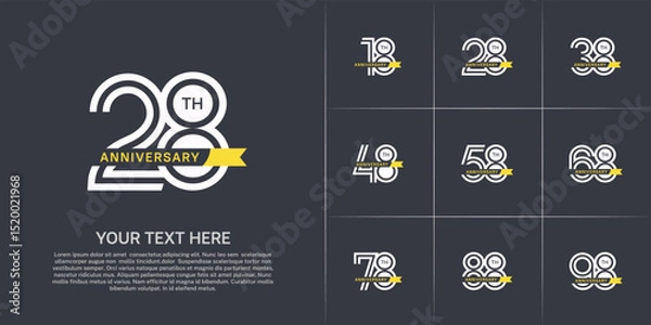 Fototapeta Anniversary logo type set with double line number. white color with small yellow ribbon for celebration event