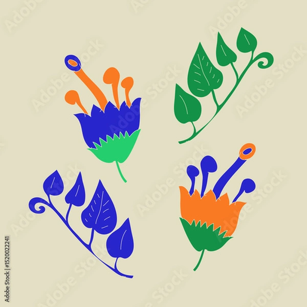 Fototapeta Cartoon colored branch, flower . Hand drawn.