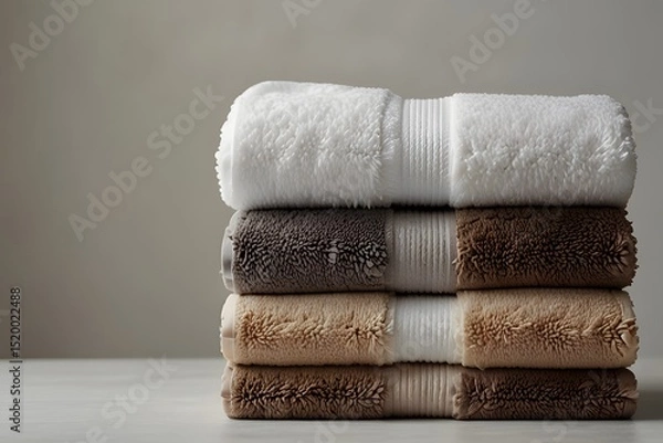 Obraz Clean Stack of Bath Towels in White, Brown, and Grey
