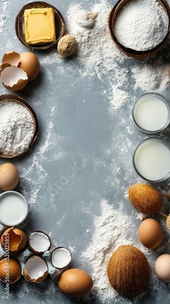 Fototapeta Baking ingredients arranged in a frame on a gray surface