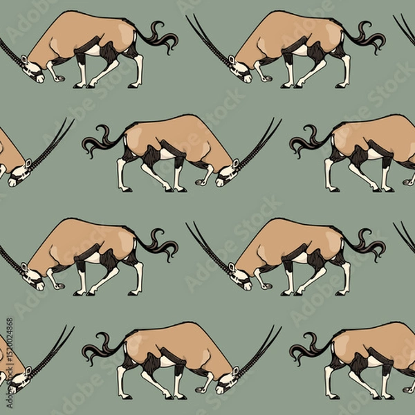 Fototapeta Vector seamless pattern with hand drawn antelopes with their heads down. Ink drawing, graphic style. Beautiful wild animal illustration, perfect for prints and patterns