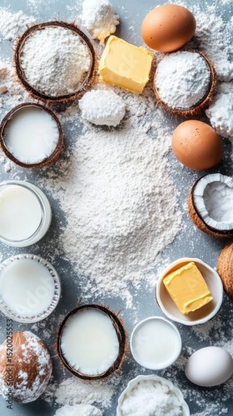 Fototapeta Baking ingredients arranged on a gray surface