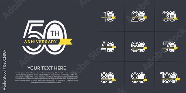 Fototapeta Anniversary logo type set with double line number. white color with small yellow ribbon for celebration event