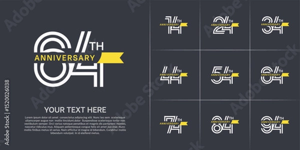 Fototapeta Anniversary logo type set with double line number. white color with small yellow ribbon for celebration event