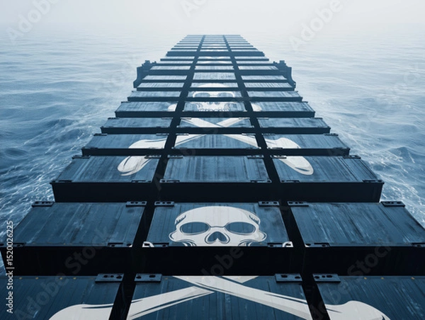 Fototapeta Large freight cargo vessel with many dark shipping containers, pirate skull and crossbones sign painted on top, view form above. Illegal goods transport concept. Generative AI