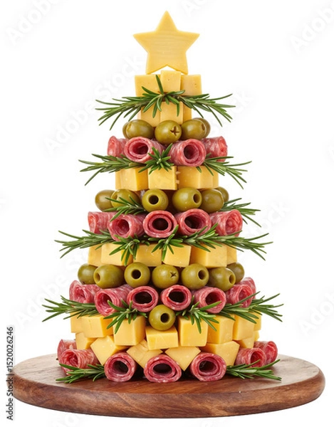 Fototapeta A festive charcuterie Christmas tree board with meats and cheese