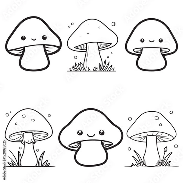 Obraz Mushroom Line Art Vector, Black and White Mushroom Illustrations.