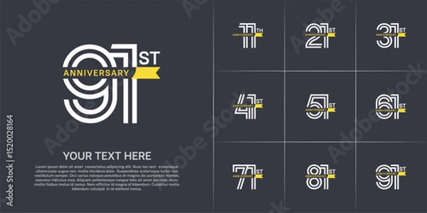 Fototapeta Anniversary logo type set with double line number. white color with small yellow ribbon for celebration event