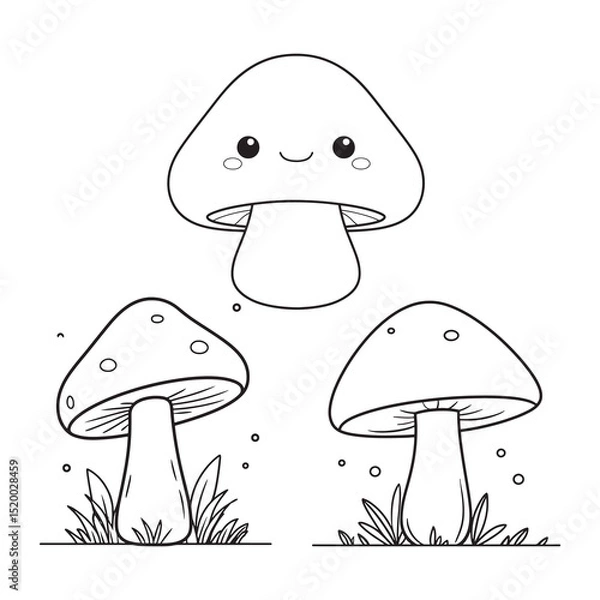 Obraz Mushroom Line Art Vector, Black and White Mushroom Illustrations.