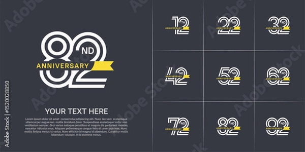 Fototapeta Anniversary logo type set with double line number. white color with small yellow ribbon for celebration event
