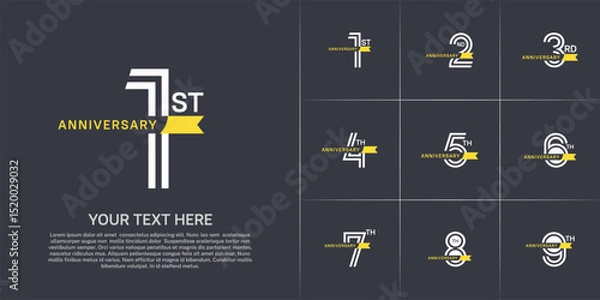 Fototapeta Anniversary logo type set with double line number. white color with small yellow ribbon for celebration event