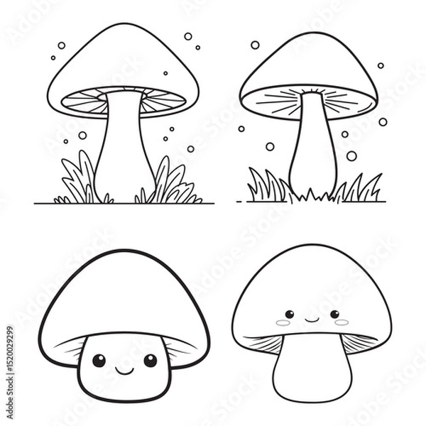 Obraz Mushroom Line Art Vector, Black and White Mushroom Illustrations.