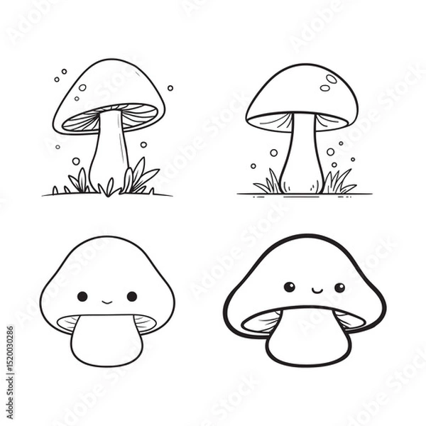 Obraz Mushroom Line Art Vector, Black and White Mushroom Illustrations.