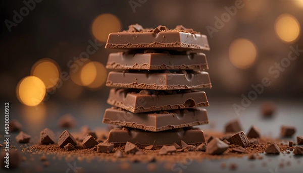 Fototapeta Stack of milk chocolate pieces with cocoa powder