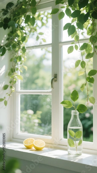 Fototapeta Sunny windowsill with lemons and greenery