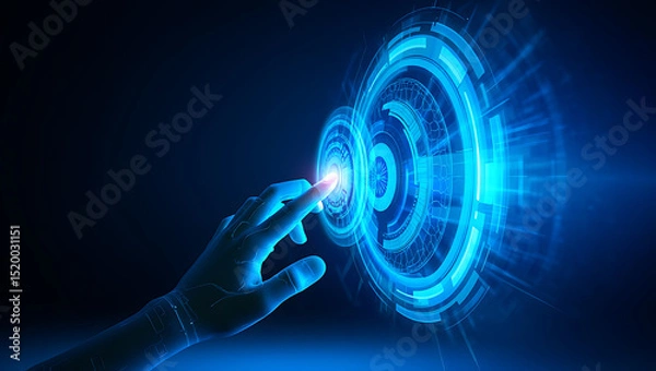 Fototapeta Hand touching glowing futuristic interface display