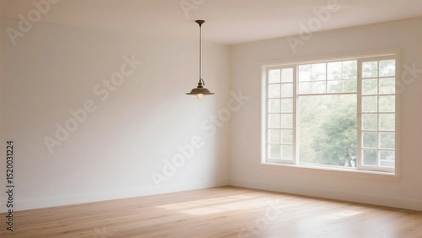 Fototapeta Empty room with light hardwood floor and large window