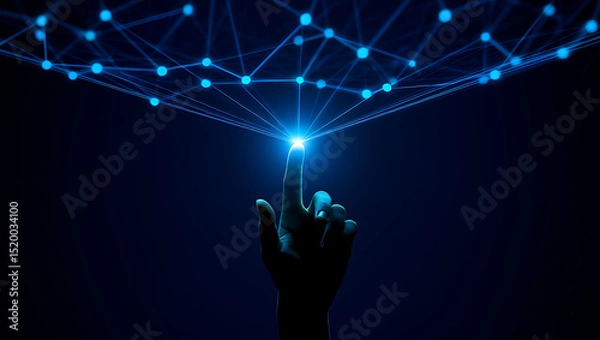 Obraz Finger touching a glowing network on a dark background