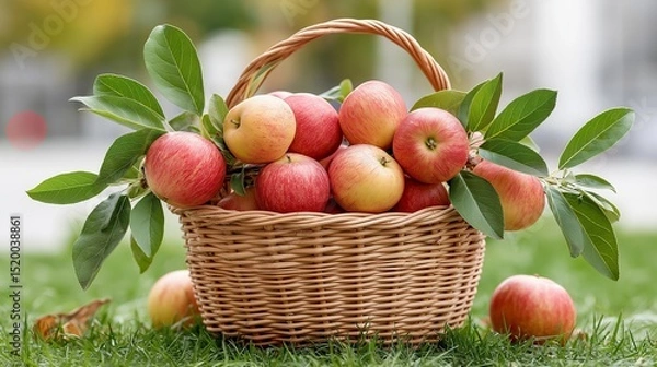 Obraz Harvest Apples Overflow From Woven Basket Outside Red And Yellow Apples Represent Autumn Abundance