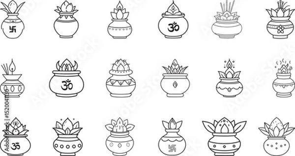Fototapeta Set of outline illustrations featuring Indian Kalash pot designs, including symbols like Om, swastika, and decorative elements, representing sacred and Indian cultural values.