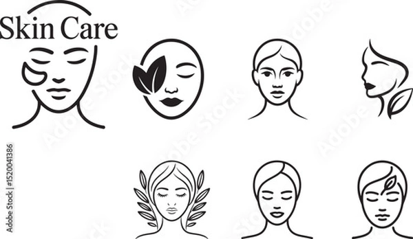 Fototapeta Illustrative set of beauty icons depicting skincare and wellness themes with a focus on nature. Perfect for branding, spa-related materials, cosmetics, and emphasizing self-care and relaxation.

