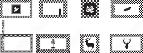Fototapeta Set of Ornamental Frames with Checkerboard Patterns and Icon Silhouettes

