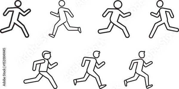 Fototapeta Simple Vector Line Icons Depicting Human Figures Running in Various Poses, focusing on physical activity, fitness, or dynamic movement.
