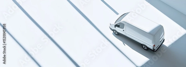 Fototapeta White cargo delivery van parked on a sun lit parking lot, view from above. Banner with copy space at side. Generative AI