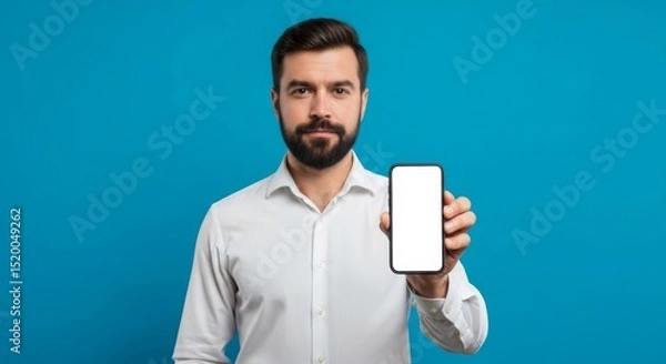 Fototapeta Businessman displaying smartphone with blank screen on blue background for technology presentation or advertisement