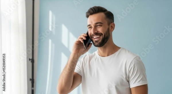 Fototapeta Happy man talking on smartphone in bright room for communication and lifestyle theme