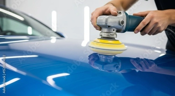 Fototapeta Car detailing process with electric polisher for a glossy finish on blue vehicle
