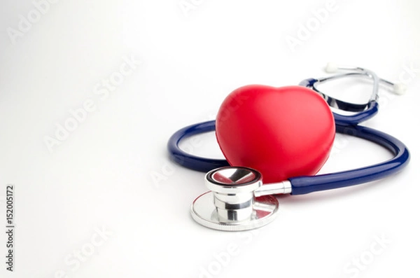 Fototapeta red heart and a stethoscope on white background, health care medical technology concept, soft focus, selective focus.