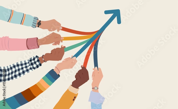 Fototapeta Diverse hands pulling together colorful arrows forming an upward arrow symbolizing growth and unity 