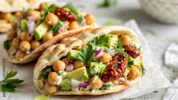 Obraz Homemade pita bread stuffed with dried tomatoes and chickpeas. Filling with chickpeas, red onion, celery, cucumbers, mashed avocado, dried tomatoes, fresh parsley and dill.