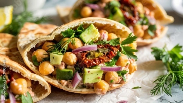 Obraz Homemade pita bread stuffed with dried tomatoes and chickpeas. Filling with chickpeas, red onion, celery, cucumbers, mashed avocado, dried tomatoes, fresh parsley and dill.