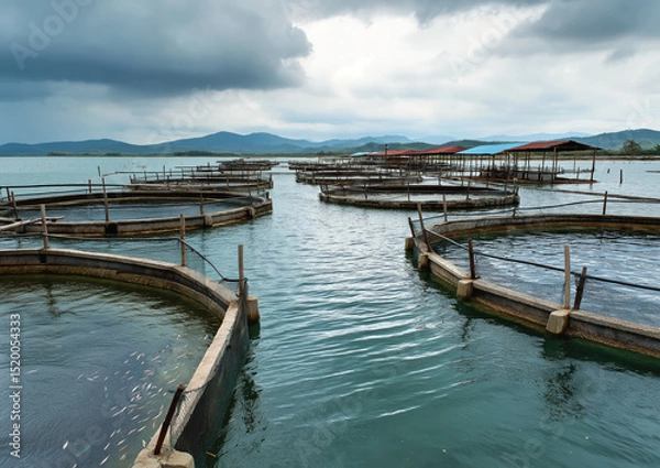 Fototapeta Aquaculture fish farming, simple wooden cages with nets on sea or river lake surface. Generative AI