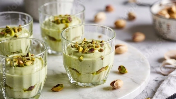 Obraz Dessert with pistachio cream is served in small transparent cups, each filled with delicate pistachio cream. The cream is generously sprinkled with finely chopped fried pistachios.