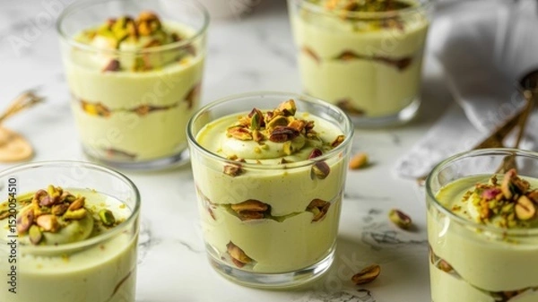Obraz Dessert with pistachio cream is served in small transparent cups, each filled with delicate pistachio cream. The cream is generously sprinkled with finely chopped fried pistachios.