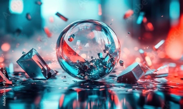 Fototapeta Shattering glass sphere, vibrant explosion, dark background, abstract art, digital illustration