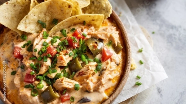 Obraz Chicken queso sauce. Queso is thick and homogeneous, chicken pieces, tomatoes, green chili peppers and seasonings of black pepper and cumin are added to it. The sauce is garnished with green onions.