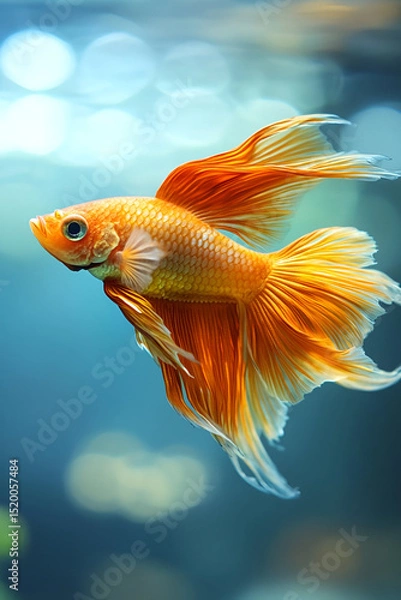 Fototapeta A close-up of a golden fish swimming in a crystal-clear pond, the light filtering through the water and illuminating the fish's scales