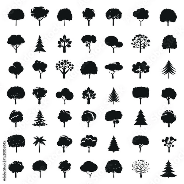 Fototapeta Set of black Trees. Outline symbol and icon.