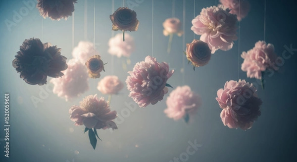 Obraz Hanging flowers composition with a dreamy mood in a soft blue background