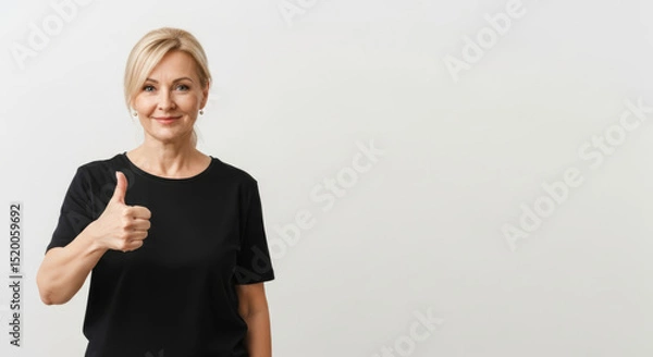 Obraz Middle-aged woman smiling with a positive mood showing thumbs up on a copy space background