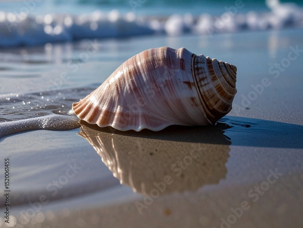 Obraz A close-up of a shell on the beach, with gentle waves lapping at the shore and the vast ocean in the background.