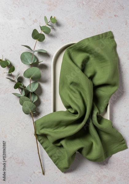 Obraz Textured green linen cloth with eucalyptus branch on ceramic tray, minimalist composition, natural vibe