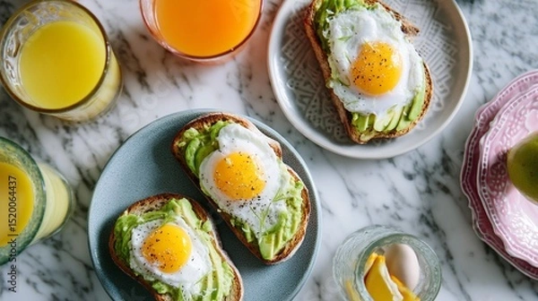 Obraz Flatlay Brunch Table Avocado Toast Fried Eggs Orange Juice